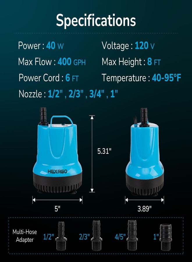 Hexago 400GPH Submersible Water Fountain Pump, 40W Small Sump Pump with 8FT High Lift, Aquarium Pumps for Outdoor Pond, Hydroponic, Statuary, Waterfall, Aquarium, Fish Tank - Image 2